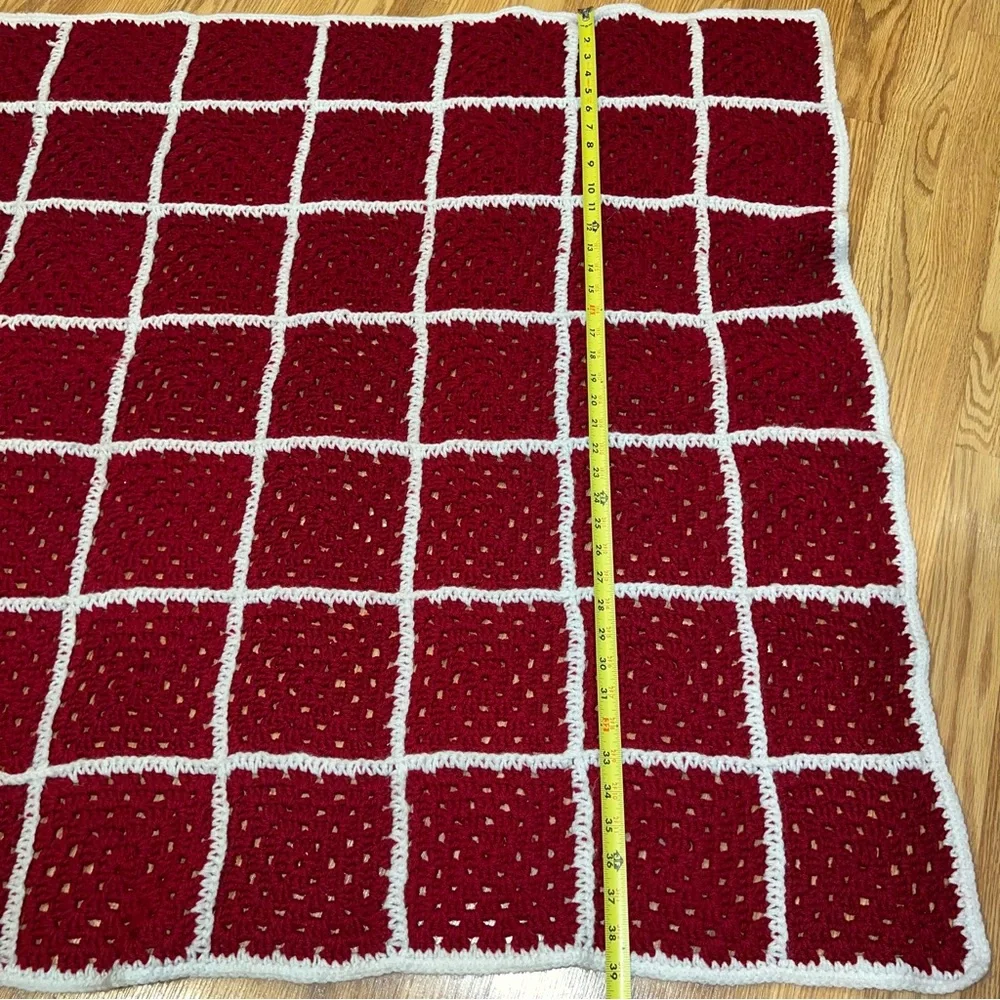 Crochet Red and White Granny Lap Blanket Throw Handmade 39” x‎ 41”